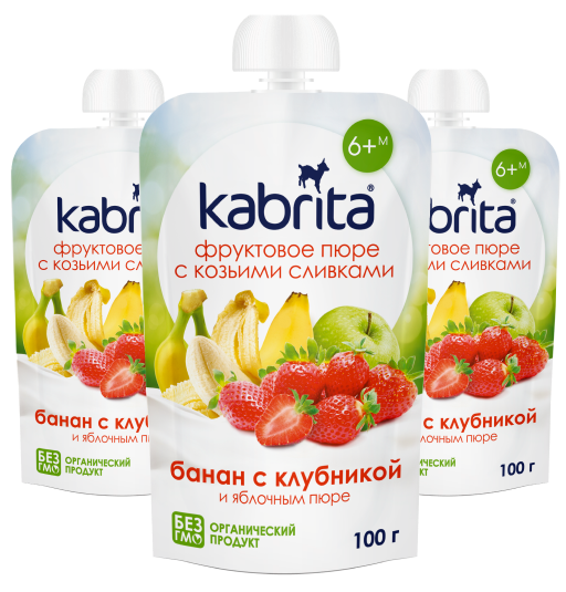 Пюре Kabrita® банан с клубникой и яблочным пюре 100 г 6 шт. с 6 месяцев